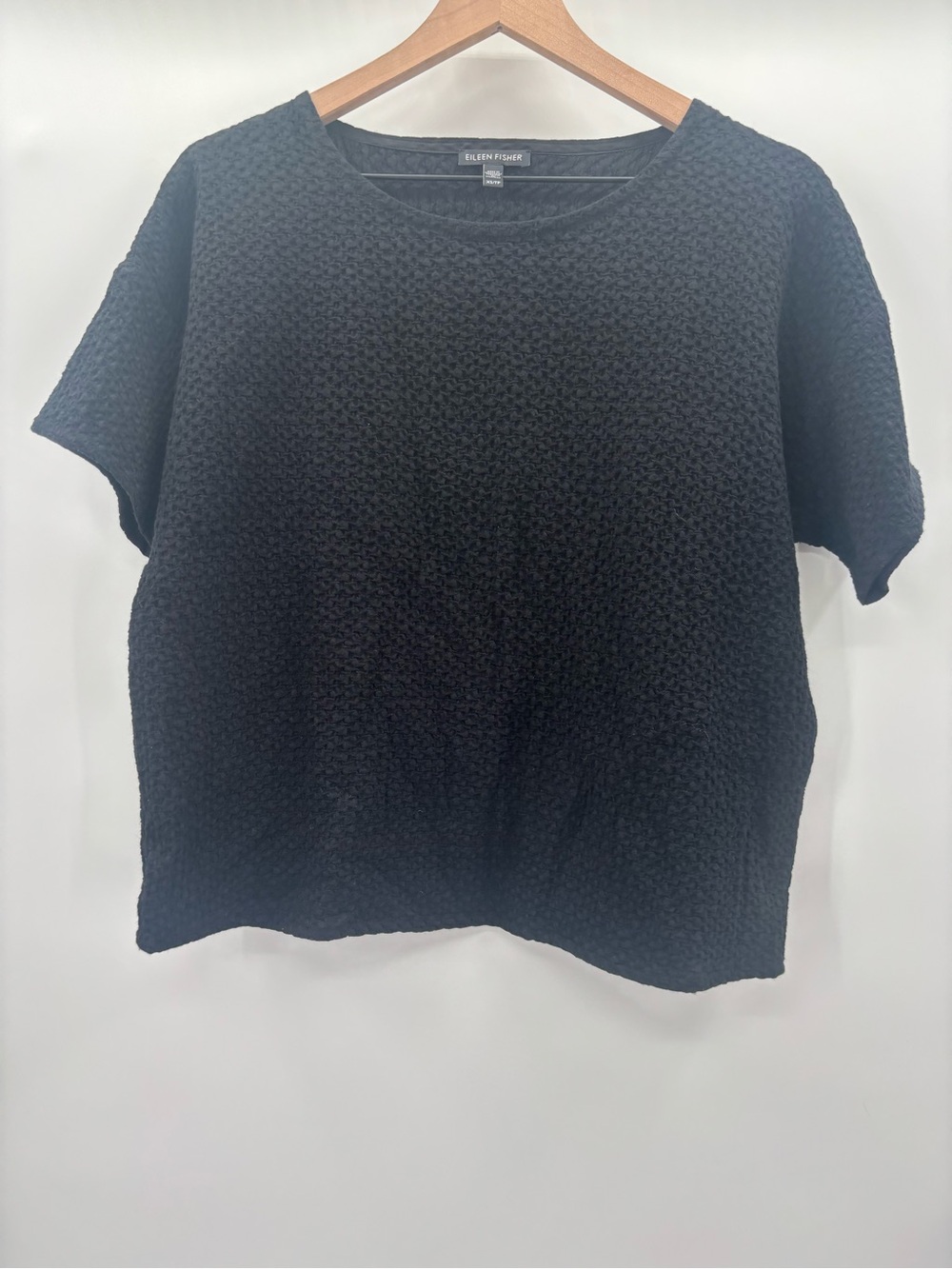 Eileen Fisher Textured Short-Sleeve Boxy Oversized Top in Black Size XS